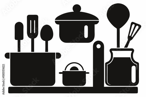 Kitchen utensil silhouette vector, Kitchen cutlery, utensil and cooking tools silhouette elements
