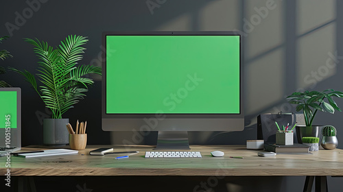 Front view a computer with green screen in the table