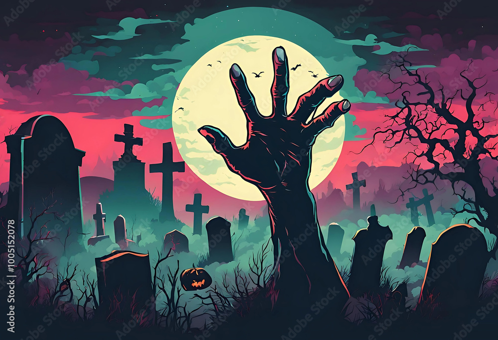 Zombie Hand Rising Out Of A Graveyard In Spooky Night, Halloween night party concepts Zombie Hand Rising Out Of A Graveyard In Spooky Night, Halloween night party concepts