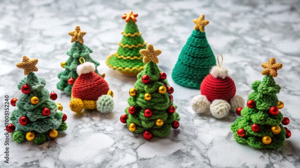 Christmas tree decorations knitted in various designs displayed on a marble table , Christmas, tree, decorations, knitted Christmas tree decorations knitted in various designs displayed on a marble table , Christmas, tree, decorations, knitted