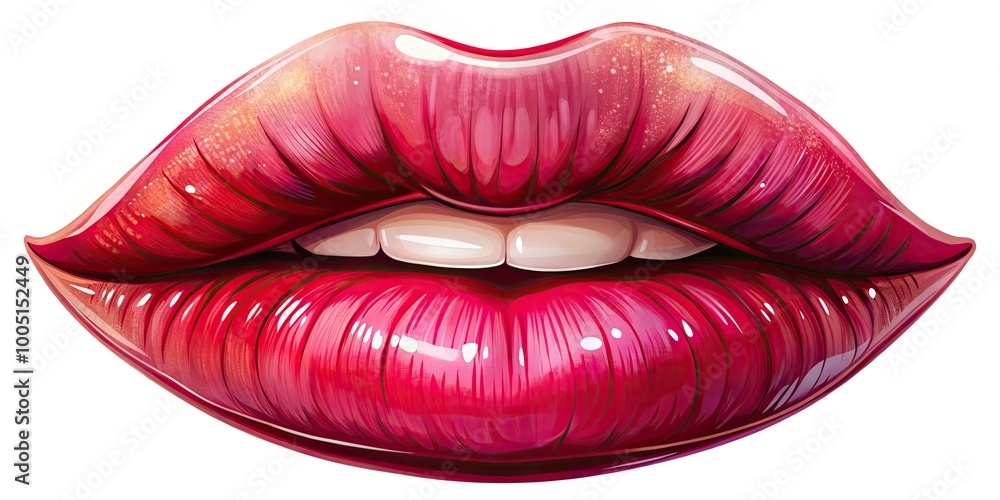 Vibrant, glossy, and intricately detailed illustration of a pair of full, luscious lips puckered up in a subtle, flirtatious smile against a soft, creamy white background. Vibrant, glossy, and intricately detailed illustration of a pair of full, luscious lips puckered up in a subtle, flirtatious smile against a soft, creamy white background.