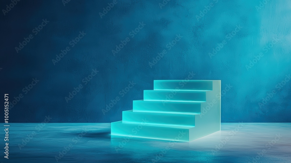 Glowing glass steps against blue wall Glowing glass steps against blue wall