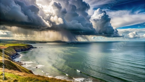 Clouds and rain over the ocean along the Welsh coastal path and coastline, Clouds, rain, ocean, Welsh, coastal path, coastline