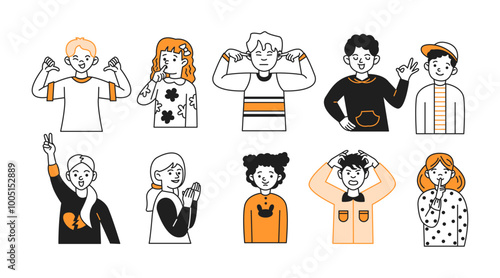 Group of children expressing various emotions with gestures vector icons set. Teenagers showing different feelings on white background