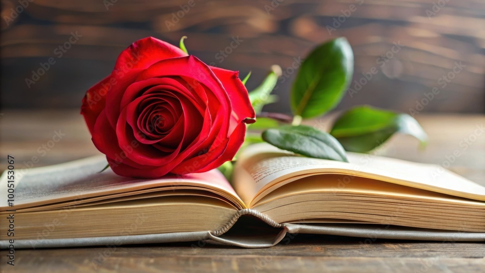 Single red rose on open book, symbolizing romance and love for literature, red rose, open book, romance, love Single red rose on open book, symbolizing romance and love for literature, red rose, open book, romance, love