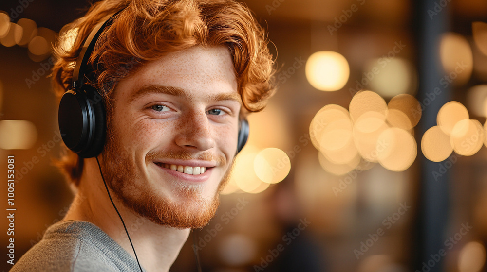Young smiling redhead man wearing earphones, headphones Young smiling redhead man wearing earphones, headphones