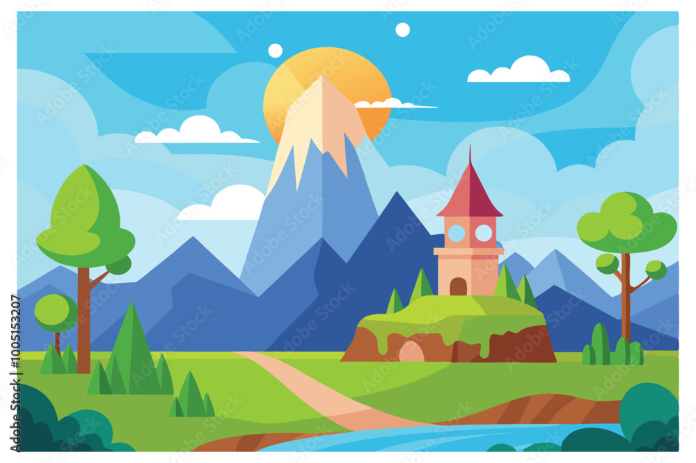 Naklejka premium Adorable Cute Beautiful Cartoon Landscape with Mountains, Trees, and River Scene