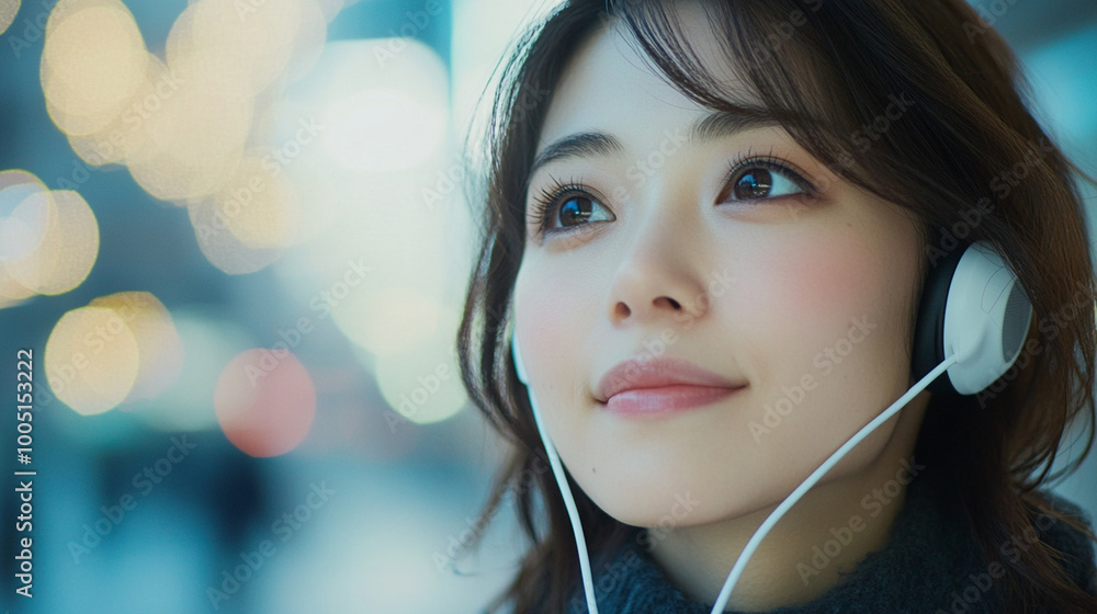 Young smiling asian woman wearing earphones, headphones Young smiling asian woman wearing earphones, headphones