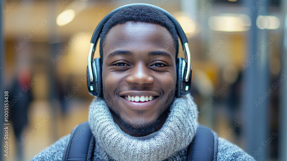Young smiling black man wearing earphones, headphones Young smiling black man wearing earphones, headphones