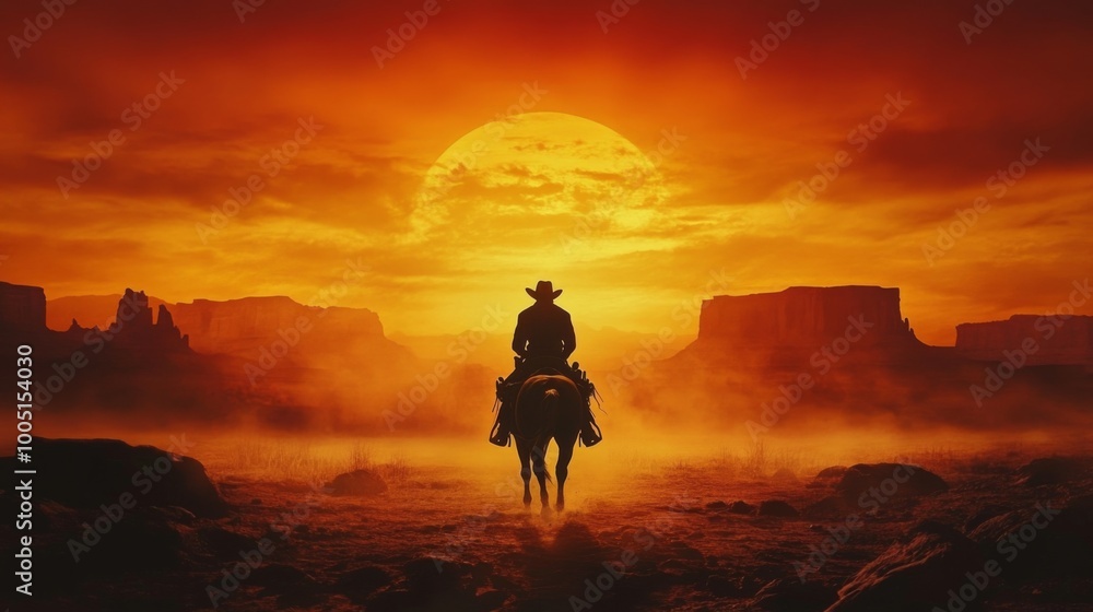 Obraz premium A lone cowboy rides into the sunset, silhouetted against a fiery sky.