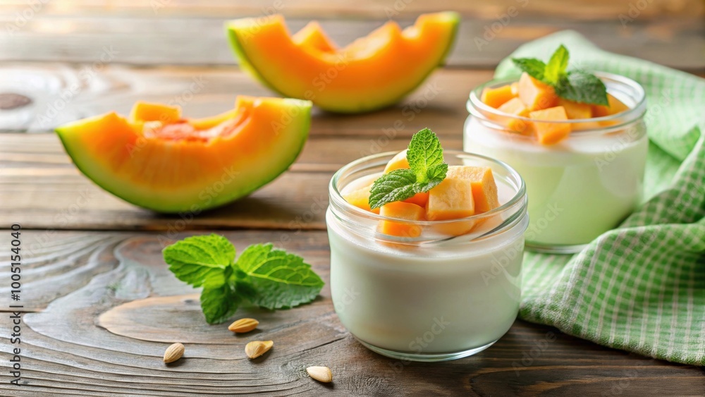 Creamy homemade milk yogurt with fresh ripe melon pieces, yogurt, homemade, creamy, milk, ripe, melon, fresh, healthy Creamy homemade milk yogurt with fresh ripe melon pieces, yogurt, homemade, creamy, milk, ripe, melon, fresh, healthy