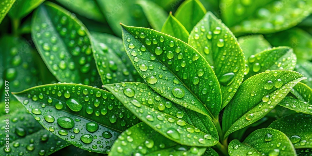 Close-up of vibrant green leaves with dew drops, creating a lush and textured background , Leaves, green, nature, foliage Close-up of vibrant green leaves with dew drops, creating a lush and textured background , Leaves, green, nature, foliage
