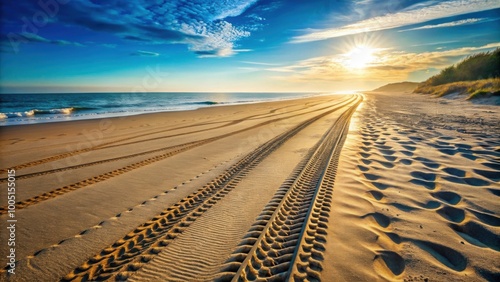Tire tracks in sand on a sunny morning at the beach , tire tracks, sand, beach, sunny, morning, sunlight, coastline