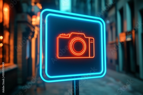 Neon Camera Icon in Urban Alley