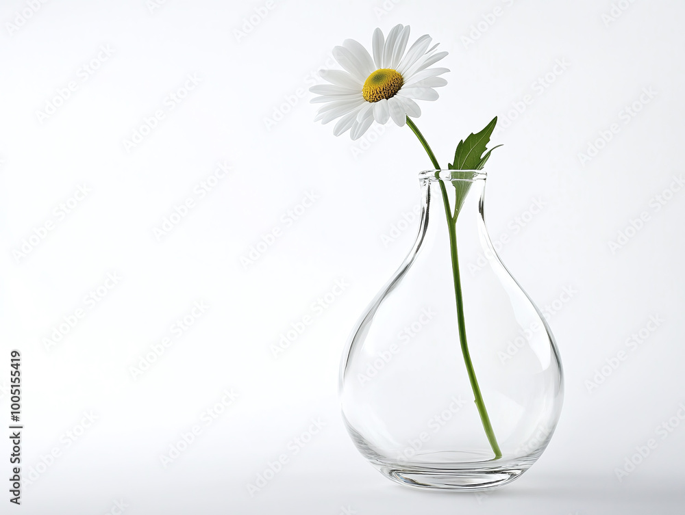 A delicate glass vase with a single white daisy, isolated on white A delicate glass vase with a single white daisy, isolated on white