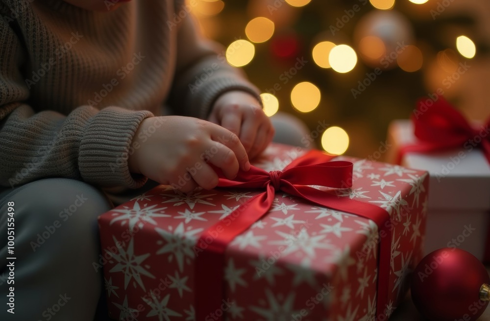 A child carefully ties a red ribbon around a holiday gift near a decorated Christmas tree during festive celebrations A child carefully ties a red ribbon around a holiday gift near a decorated Christmas tree during festive celebrations