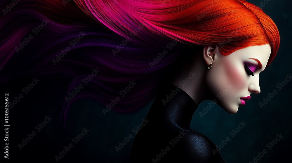 Profile of Woman with Flowing Red and Pink Hair Profile of Woman with Flowing Red and Pink Hair