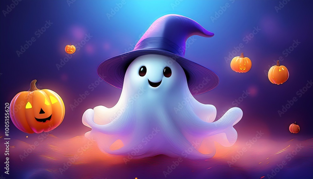 Naklejka premium A cute, friendly ghost in a purple hat, surrounded by pumpkins, set against a mystical blue background, perfect for Halloween.