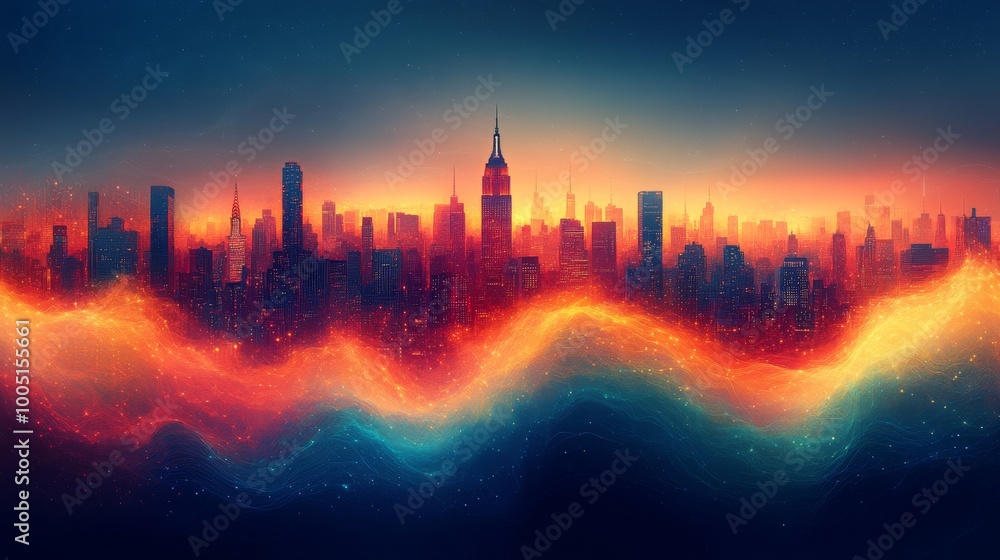 City skyline with vibrant sunset colors and City skyline with vibrant sunset colors and