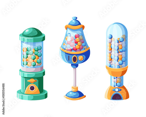 Vintage vending machines filled with bubble gum balls flat color vector illustration set. Nostalgic treat for sweet tooths dispensers creative icons