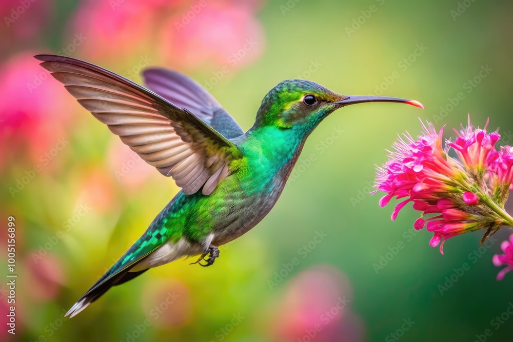 Vibrant green hummingbird with iridescent feathers and outstretched wings hovers in mid-air, sipping nectar from a delicate pink flower against a soft, blurred background. Vibrant green hummingbird with iridescent feathers and outstretched wings hovers in mid-air, sipping nectar from a delicate pink flower against a soft, blurred background.