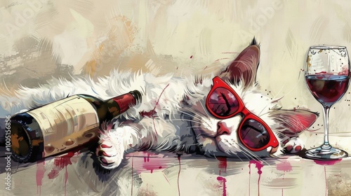 A drunken cat with wine bottle. Funny.