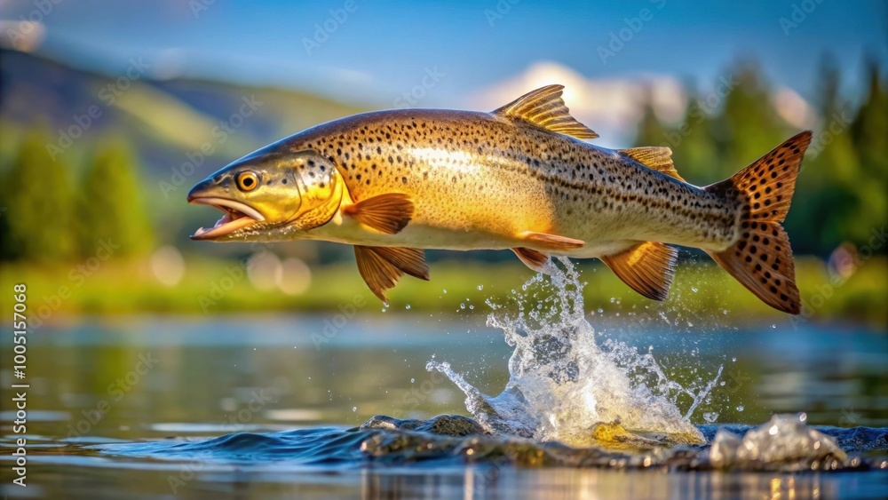 Brown trout leaping out of water with splash in sunny lake, trout, fish, jumping, water, splash, lake, wildlife, nature, sunny Brown trout leaping out of water with splash in sunny lake, trout, fish, jumping, water, splash, lake, wildlife, nature, sunny