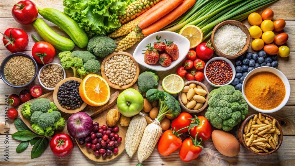 Balanced diet food background with a variety of fruits, vegetables, grains, and proteins, balance, healthy, nutrition, diet Balanced diet food background with a variety of fruits, vegetables, grains, and proteins, balance, healthy, nutrition, diet