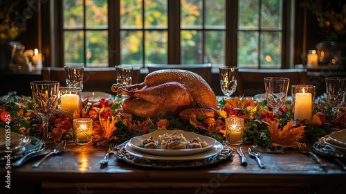 Thanksgiving Dinner Table with Roasted Turkey