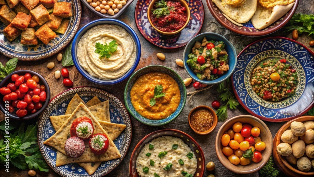Ramadan halal food and Eid table setting with hummus and Moroccan traditional cuisine, featuring authentic homemade meals Ramadan halal food and Eid table setting with hummus and Moroccan traditional cuisine, featuring authentic homemade meals