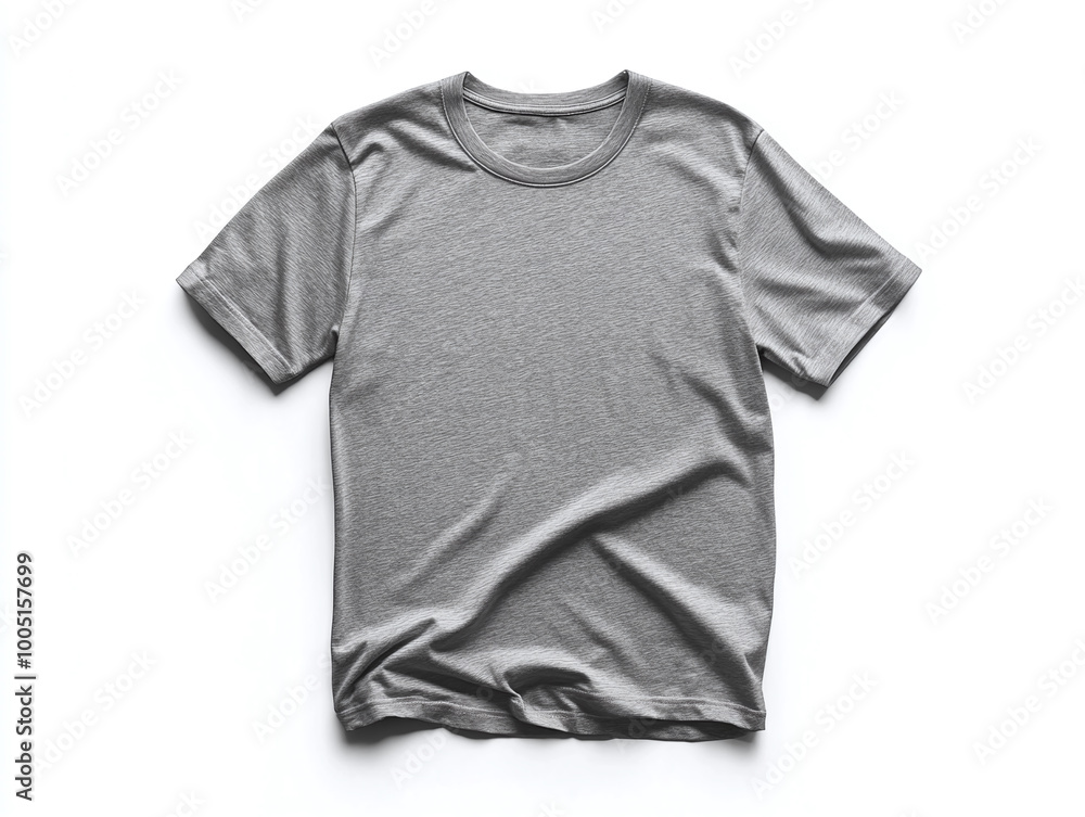 A plain grey round-neck t-shirt, displayed flat on a white background A plain grey round-neck t-shirt, displayed flat on a white background