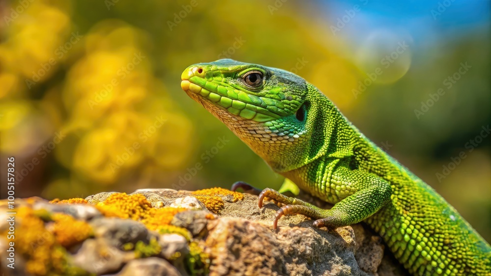 Vibrant green lizard, commonly known as lagartija, perches on a rustic stone wall, its scaly skin glistening in the warm sunlight of a Spanish countryside afternoon. Vibrant green lizard, commonly known as lagartija, perches on a rustic stone wall, its scaly skin glistening in the warm sunlight of a Spanish countryside afternoon.