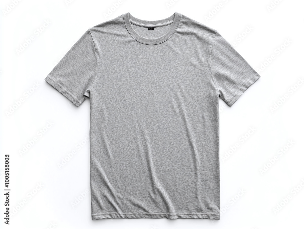 A plain grey round-neck t-shirt, displayed flat on a white background A plain grey round-neck t-shirt, displayed flat on a white background
