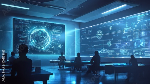 The room is filled with blue lights and the people are wearing headphones