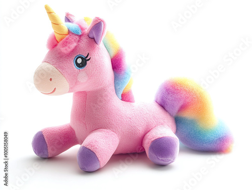 .A plush unicorn toy, soft and vibrant, isolated on white