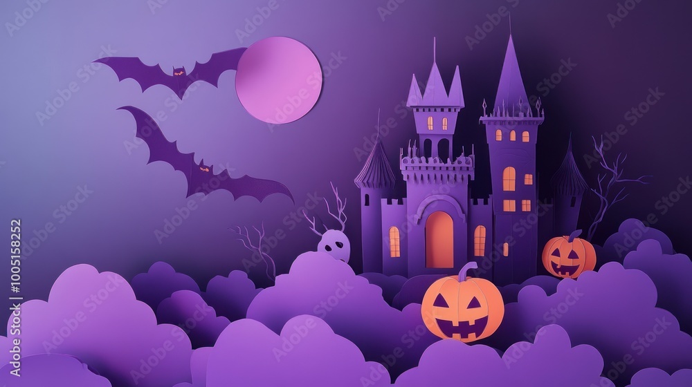 A purple sky with a castle and bats flying in the background A purple sky with a castle and bats flying in the background