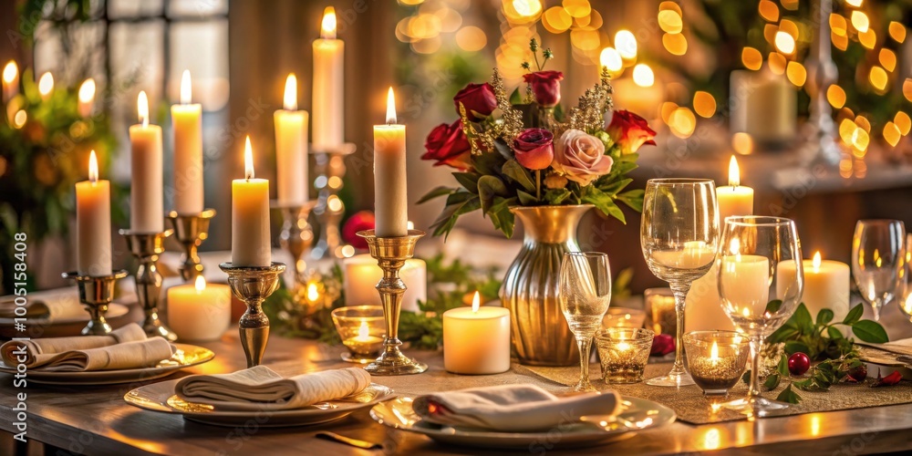 Elegant table setting with lit candles creating a romantic dinner atmosphere , restaurant, selective focus, fine dining Elegant table setting with lit candles creating a romantic dinner atmosphere , restaurant, selective focus, fine dining
