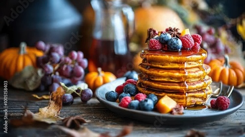 Cozy Pumpkin Pancakes with Maple Syrup Breakfast Table