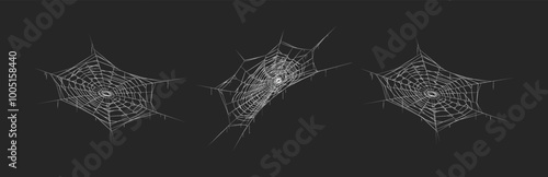 Spooky spiderweb patterns realistic icons vector set. Traditional Halloween decoration for atmospheric party 3d objects illustrations on black