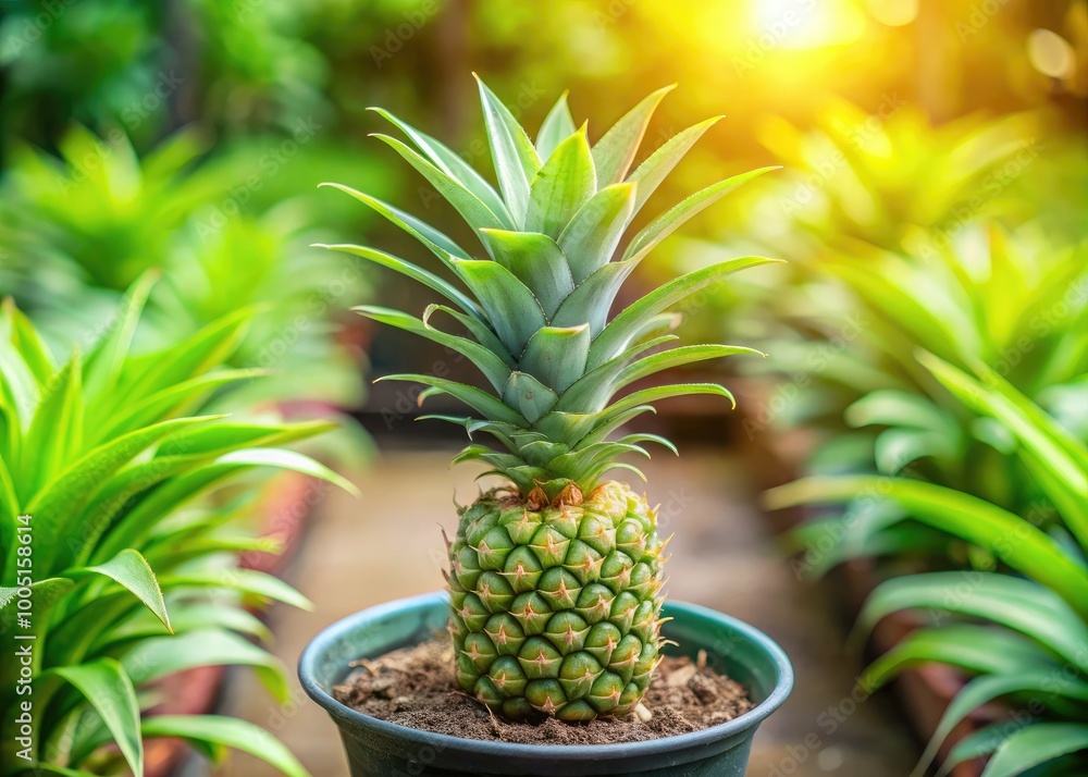 Fototapeta premium Vibrant green pineapple plant sprouting new leaves and tiny fruit in a nursery pot, surrounded by soft natural light and subtle blurred background.