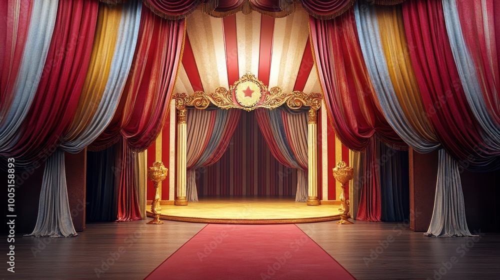 A red, white and blue circus tent with a red curtain A red, white and blue circus tent with a red curtain