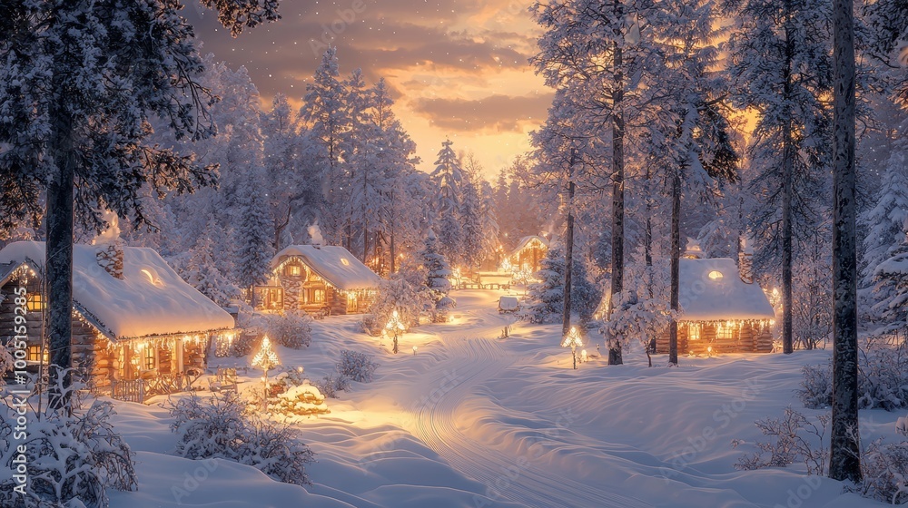 Enchanted Winter Wonderland with Snowy Cabins Enchanted Winter Wonderland with Snowy Cabins