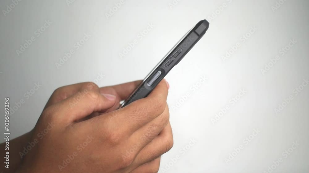 close up side view of male hands texting with his mobile phone on white background close up side view of male hands texting with his mobile phone on white background