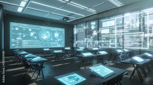 A classroom with a large screen on the wall and many students sitting at desks