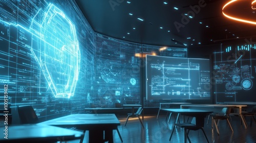 A classroom with a large screen on the wall and a blue background