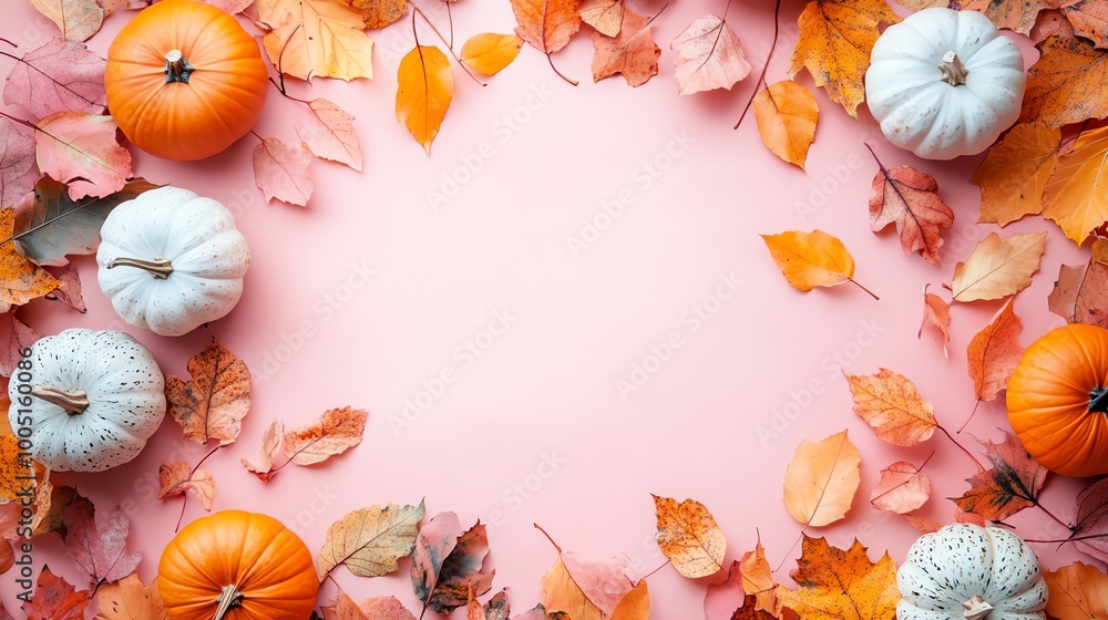 Fototapeta premium Pastel autumn leaves and pumpkins arranged in a minimal style, blank space for copy