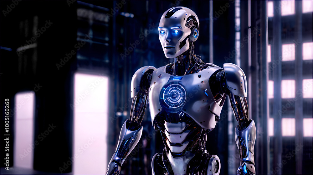 A tall sleek robot standing in a high tech lab A tall sleek robot standing in a high tech lab