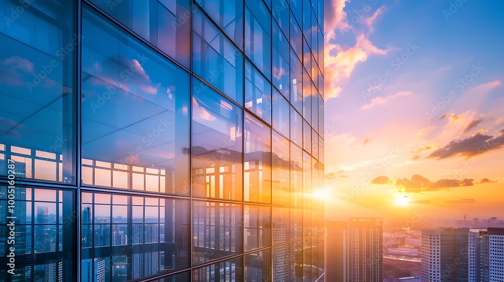 Modern glass building with reflected evening city and sunset Modern glass building with reflected evening city and sunset