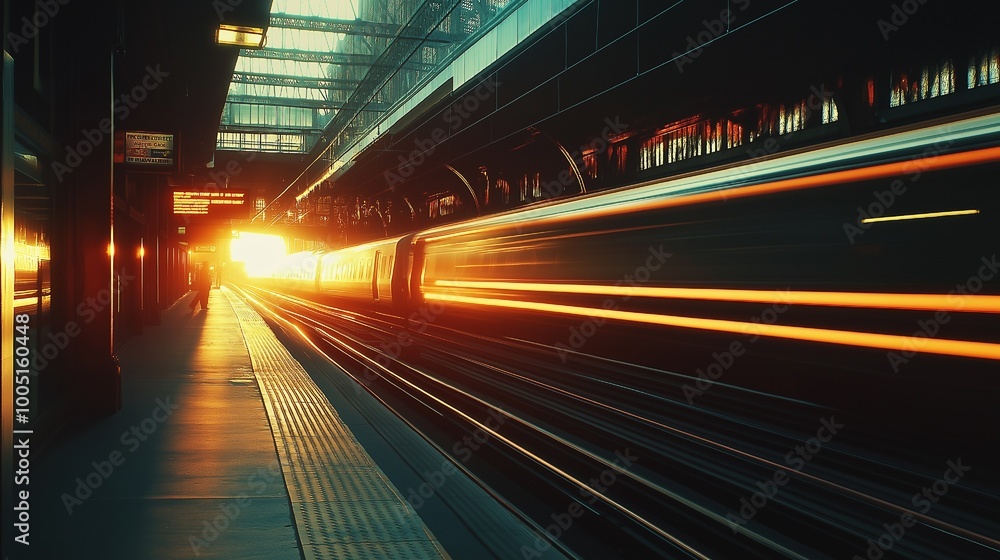 A moody picture of a speeding train at dusk at a contemporary train station, emphasizing the concepts of movement, travel, and city life in the soft light of the sun A moody picture of a speeding train at dusk at a contemporary train station, emphasizing the concepts of movement, travel, and city life in the soft light of the sun