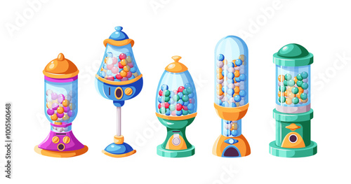 Vintage vending machines with colourful candies flat color vector illustration set. Dispensers filled with sugar bonbons creative icons